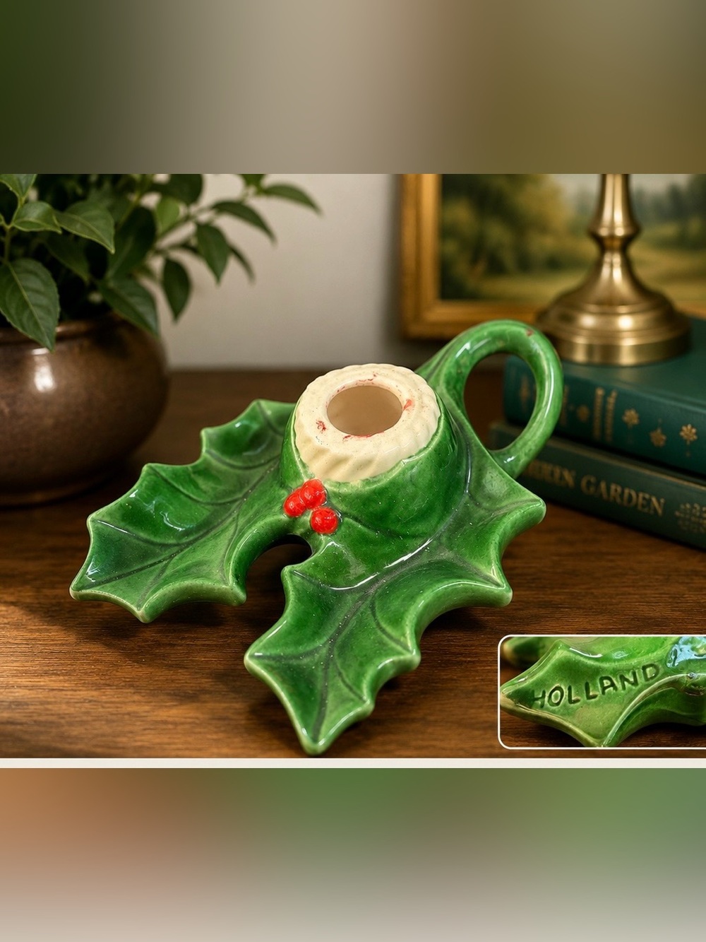 Vintage Holland Ceramic Holly Leaf Candle Holder 7x5x2"